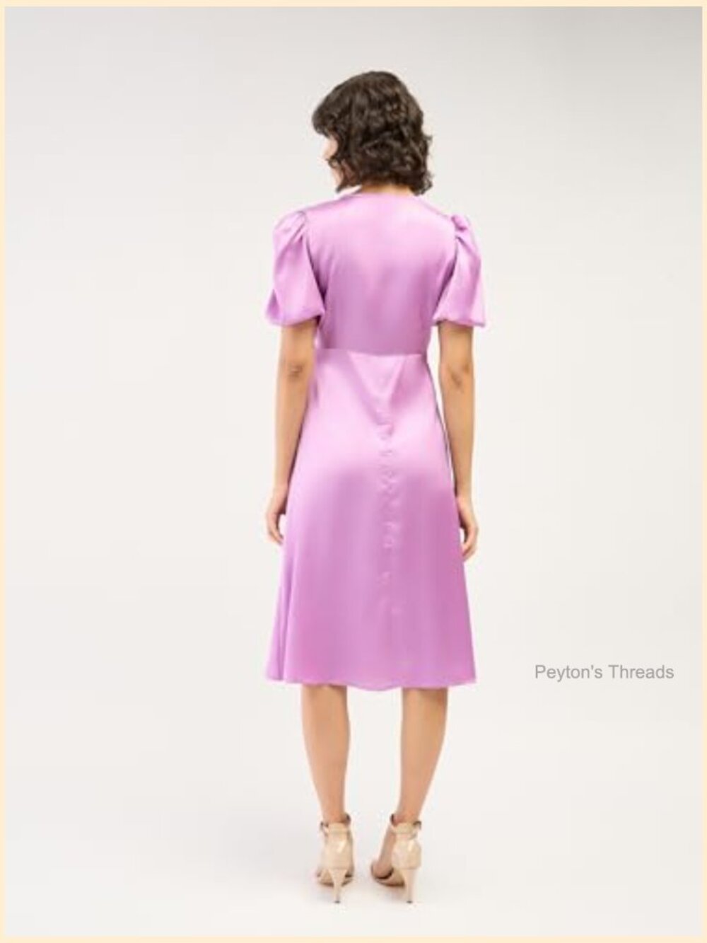 Midi Length Wrap Dress – Satin V-Neck Fit & Flare Balloon Sleeves - Picture 6 of 7